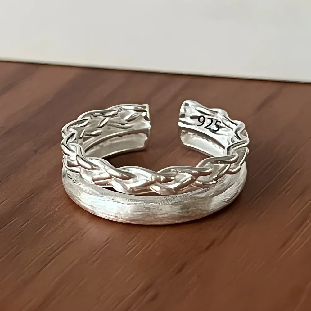 PANJBJ Real 925 Sterling Silver Retro Round Ring | Vintage Fine Jewelry for Women
