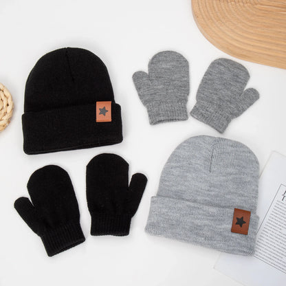 Baby Knitted Hat and Glove Set | Solid Winter Turban with Leather Star Tag