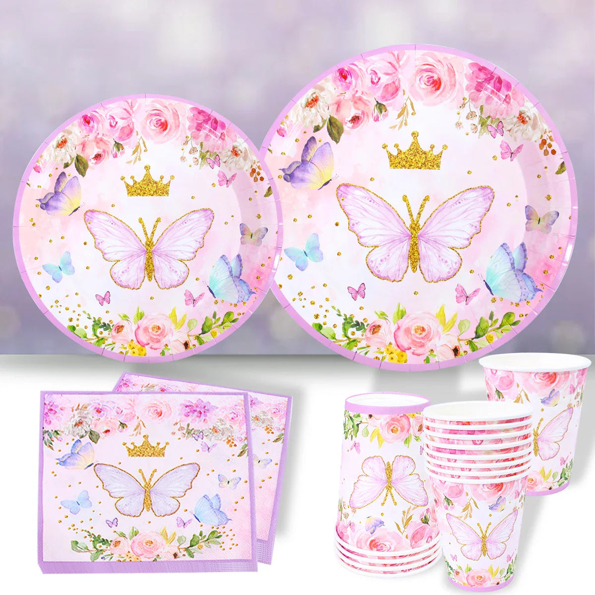 Vaisselle jetable Papillon Violet Serviette Papillon Décoration de Fête d'Anniversaire Fille Baby Shower Baptême Révélation de Genre Fournitures