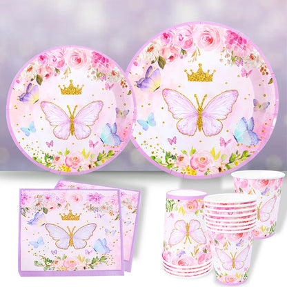 Vaisselle jetable Papillon Violet Serviette Papillon Décoration de Fête d'Anniversaire Fille Baby Shower Baptême Révélation de Genre Fournitures