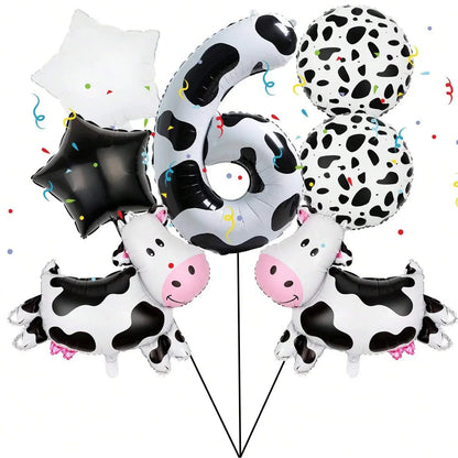 7pcs Big Cow Balloon Set 40 inch Black White Number 0-9 Foil Balloons | Farm Animal Birthday Party Decor