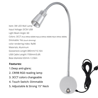USB Wall Reading Lamp Dimmable Gooseneck Bedside Light 3CCT CRI98