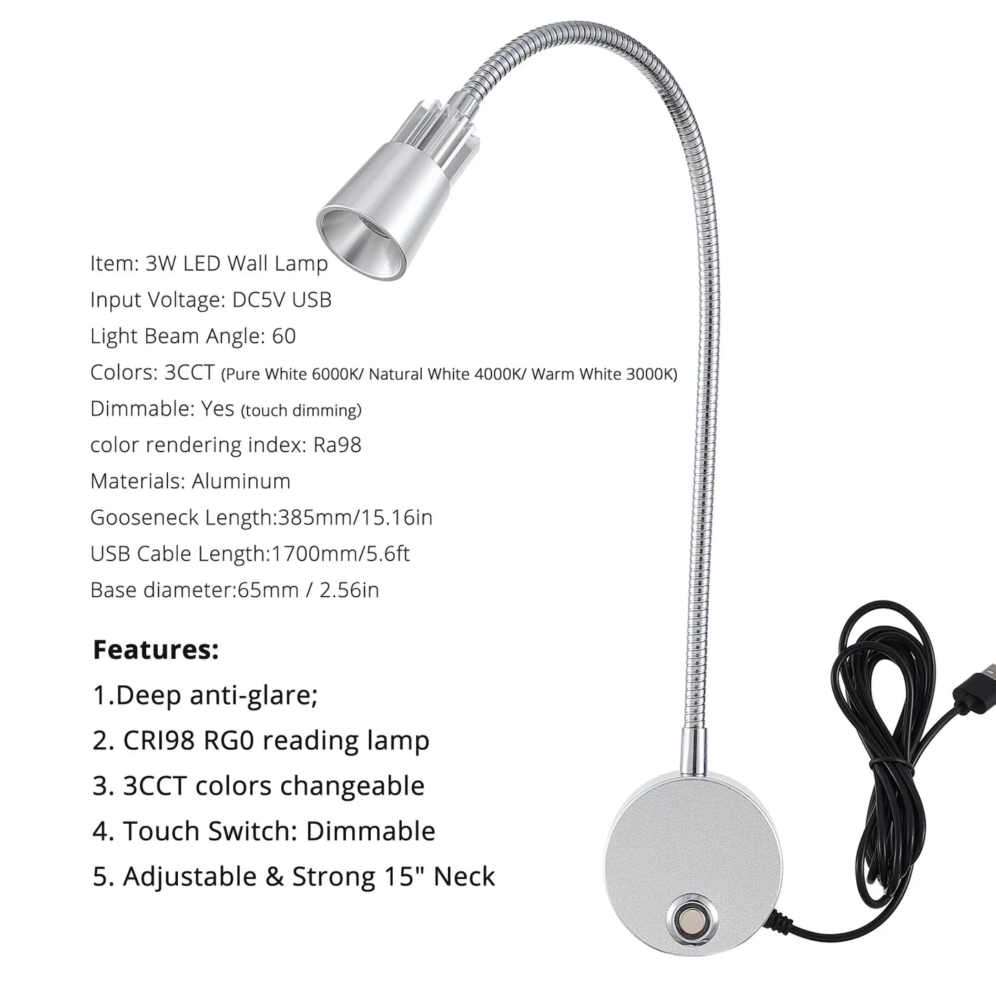 USB Wall Reading Lamp Dimmable Gooseneck Bedside Light 3CCT CRI98