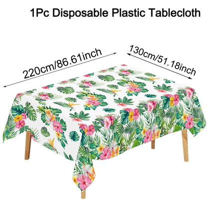 Tropical Hawaiian Party Tablecloth and Flamingo Decor Set | Plastic Table Runner and Candy Bags