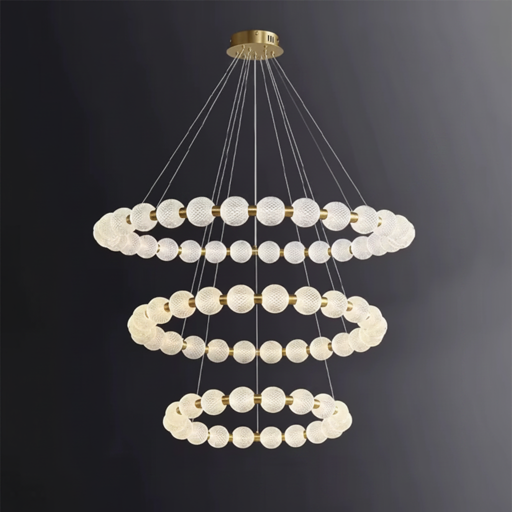 Alabaster Ring Chandelier – Gold Beaded LED Luxury Ceiling Light
