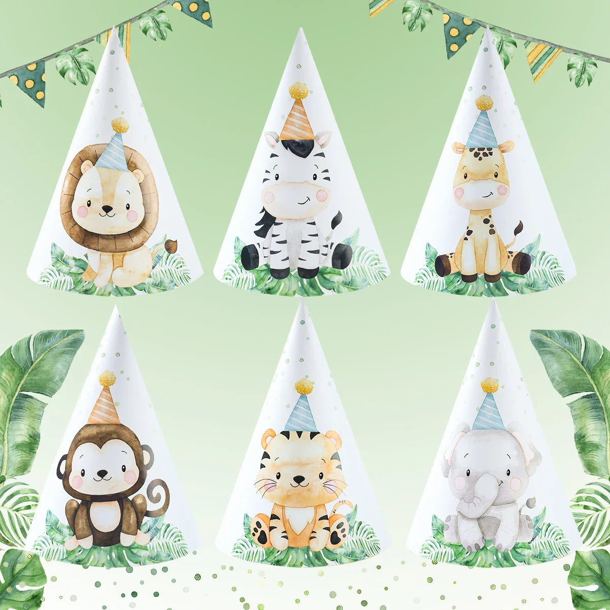 Chapeaux en papier Animaux de la Jungle - Joyeux Anniversaire - Décoration de fête pour enfants Safari, Animaux Sauvages, Un An - Fournitures de décoration de douche de bébé