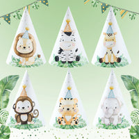 Chapeaux en papier Animaux de la Jungle - Joyeux Anniversaire - Décoration de fête pour enfants Safari, Animaux Sauvages, Un An - Fournitures de décoration de douche de bébé