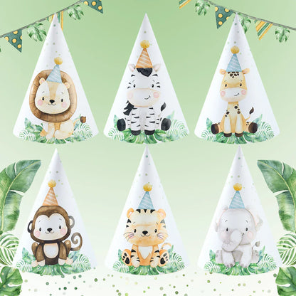 Chapeaux en papier Animaux de la Jungle - Joyeux Anniversaire - Décoration de fête pour enfants Safari, Animaux Sauvages, Un An - Fournitures de décoration de douche de bébé