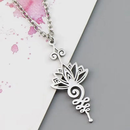 Stainless Steel Unalome Pendant Necklace | Yoga Jewelry with Lotus Flower