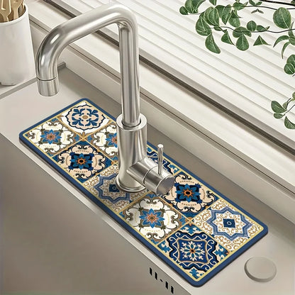 Retro Pattern Diatom Mud Faucet Mat – Absorbent Sink & Countertop Pad