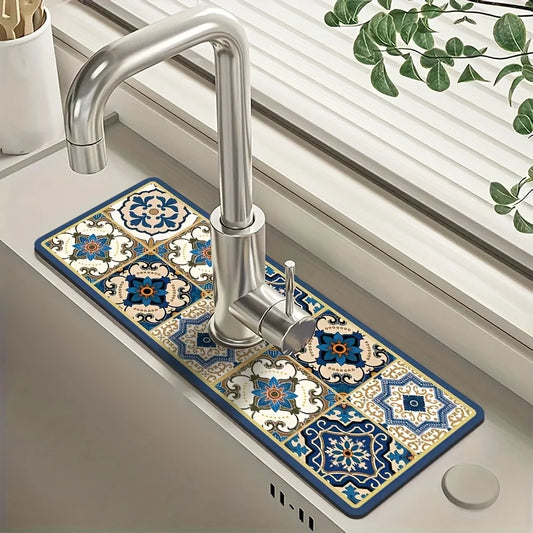 Retro Pattern Diatom Mud Faucet Mat – Absorbent Sink & Countertop Pad