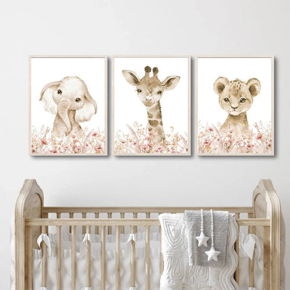 Nordic Modern pink Cute Animal Elephant Giraffe Cat Prints Canvas Painting Poster For Living Room Play Room Kids Room Home Decor