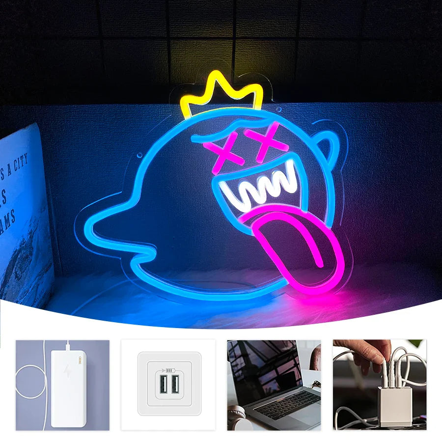 Enseigne néon LED fantôme, lumière décorative murale rétro arcade, alimentée par USB, utilisée pour la décoration de bars, clubs, salles de jeux, fêtes de famille