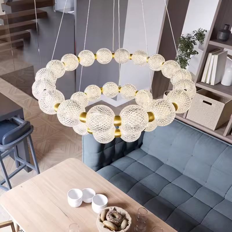 Alabaster Ring Chandelier – Gold Beaded LED Luxury Ceiling Light