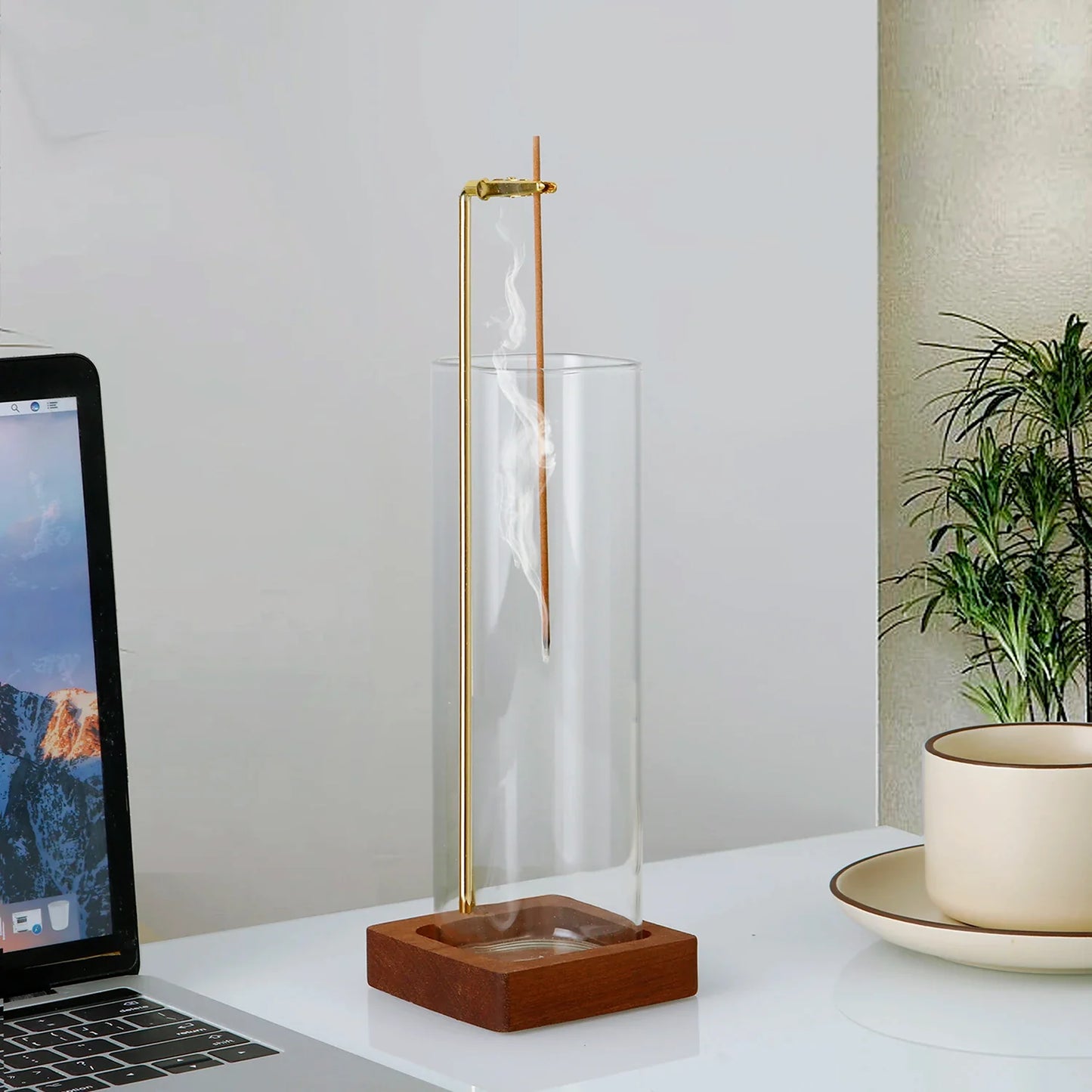 Brûleur d'encens en verre Support d'encens en bois pour bâtonnets avec cendrier en verre anti-cendres volantes pour yoga et décoration intérieure