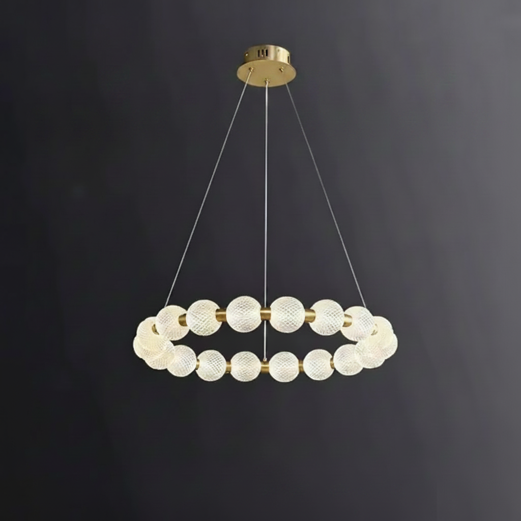 Alabaster Ring Chandelier – Gold Beaded LED Luxury Ceiling Light