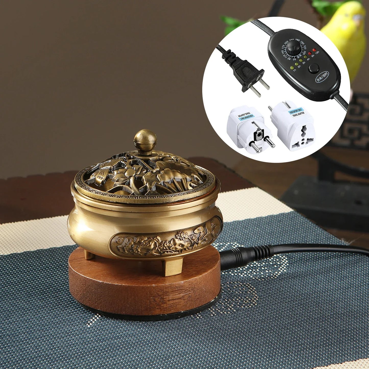 Brûleur d'encens électronique 220 V en bronze, diffuseur d'huiles essentielles, avec minuterie et température réglables pour bois de santal et oud.