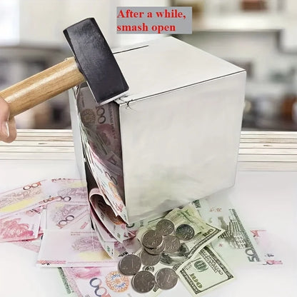 Stainless Steel Piggy Bank, a Student Internet Celebrity Savings Box That Only Allows Deposits, a Durable Metal Money Box.