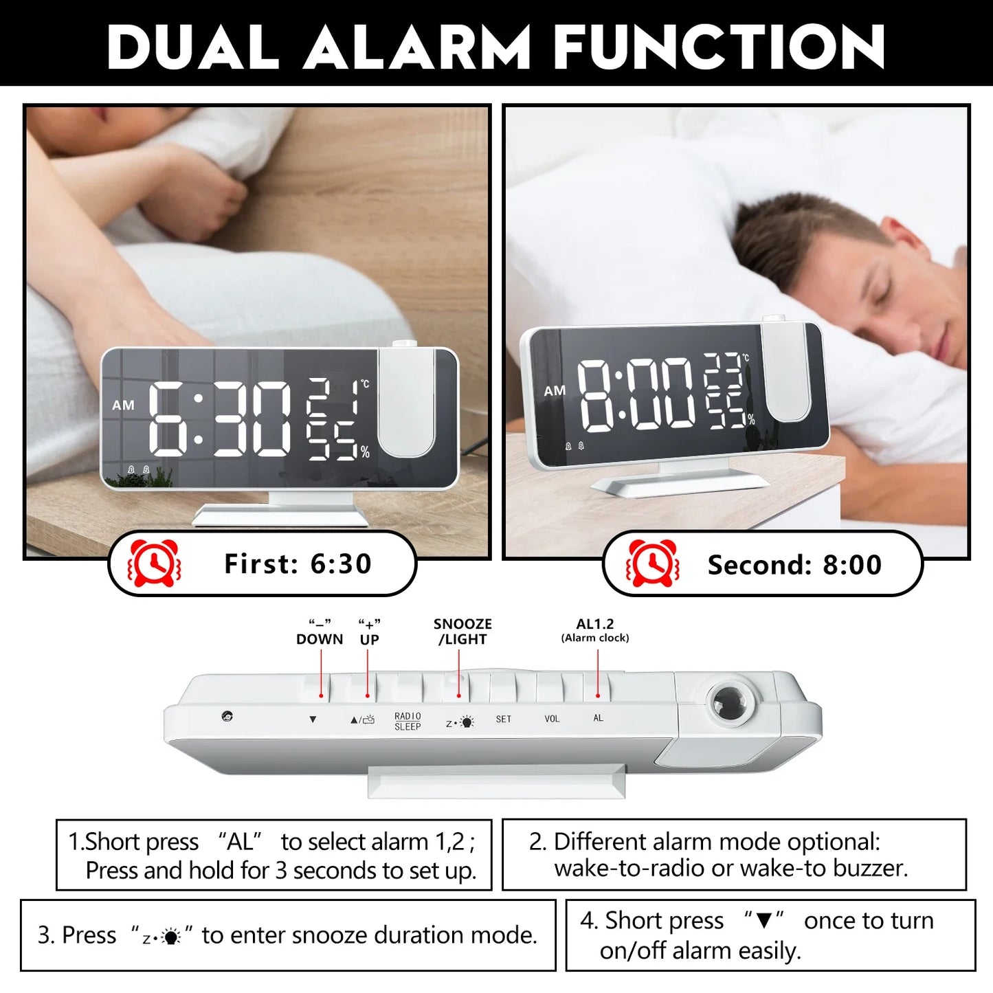 HD Projection Alarm Clock Large LED Display Digital Smart Radio Auto Dimming