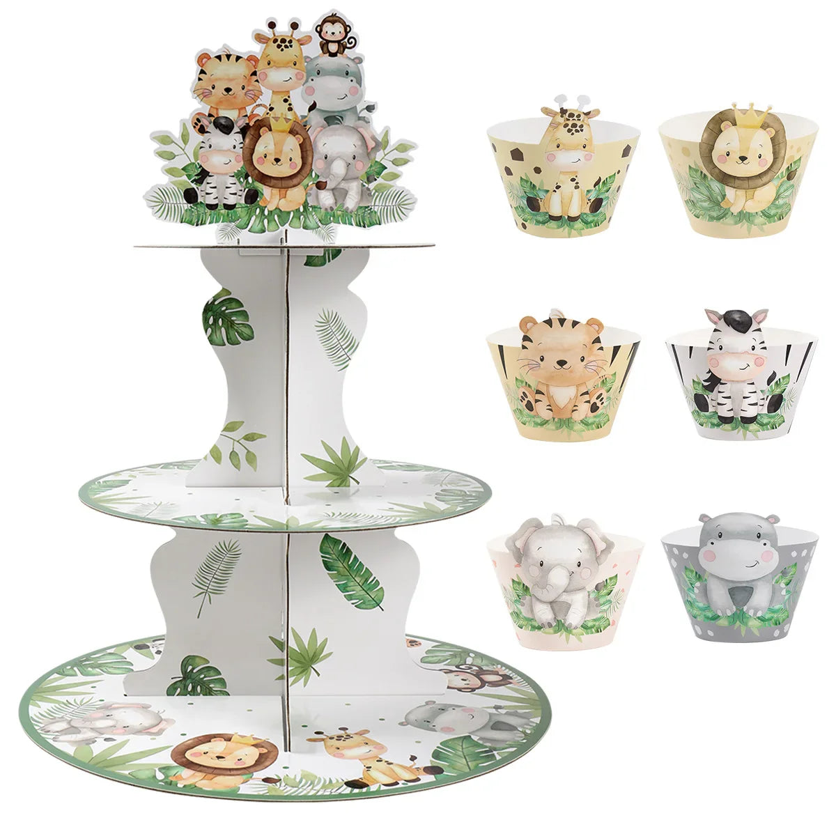 Soporte para cupcakes de animales de la selva, safari, baby shower, decoraciones de fiesta de cumpleaños, soporte para cupcakes, artículos de fiesta salvajes para niños