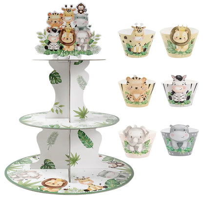 Soporte para cupcakes de animales de la selva, safari, baby shower, decoraciones de fiesta de cumpleaños, soporte para cupcakes, artículos de fiesta salvajes para niños