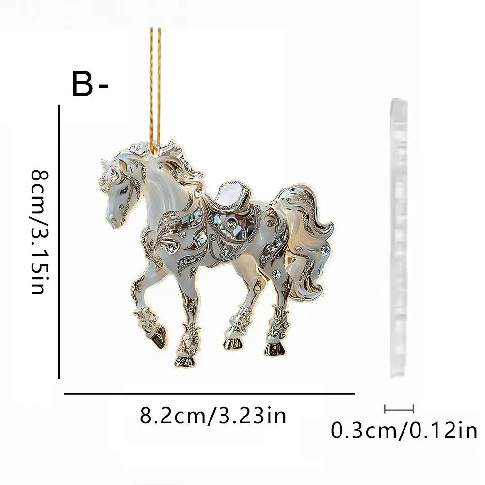 Pendentif de rétroviseur de voiture cheval acrylique 2D, ornement de sapin de Noël, décoration de fête de Nouvel An à suspendre