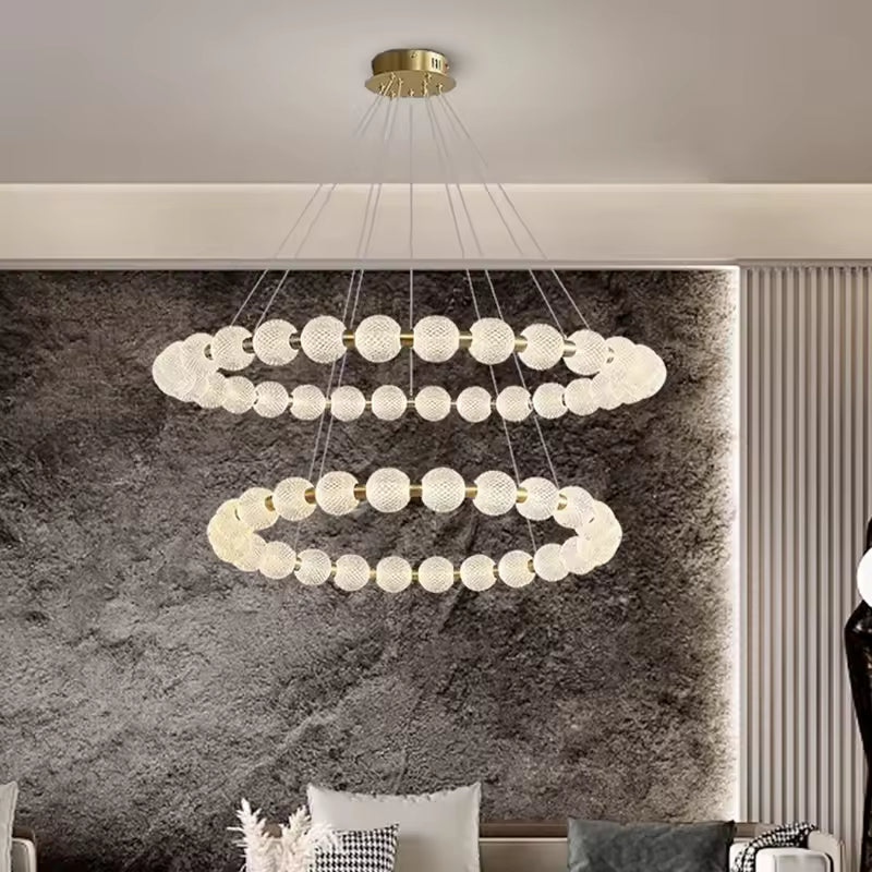 Alabaster Ring Chandelier – Gold Beaded LED Luxury Ceiling Light