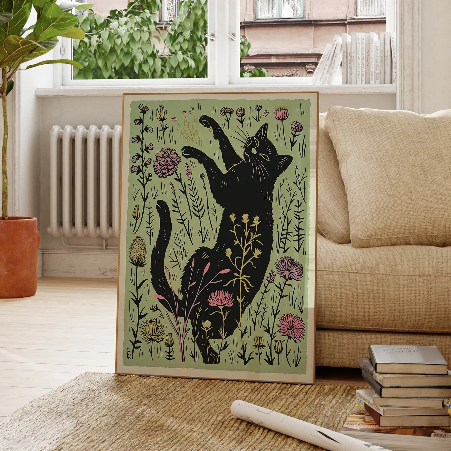 Arte moderno de pared con ilustración de gato negro lindo con flores, lienzo impreso, póster, imagen para decoración del hogar de sala de estar