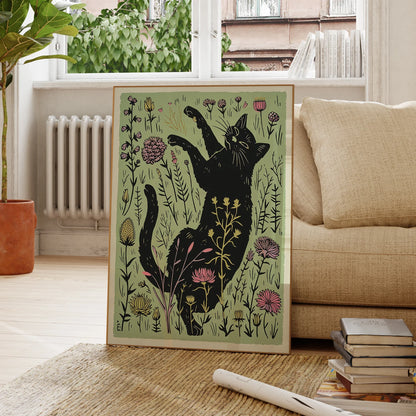 Arte moderno de pared con ilustración de gato negro lindo con flores, lienzo impreso, póster, imagen para decoración del hogar de sala de estar