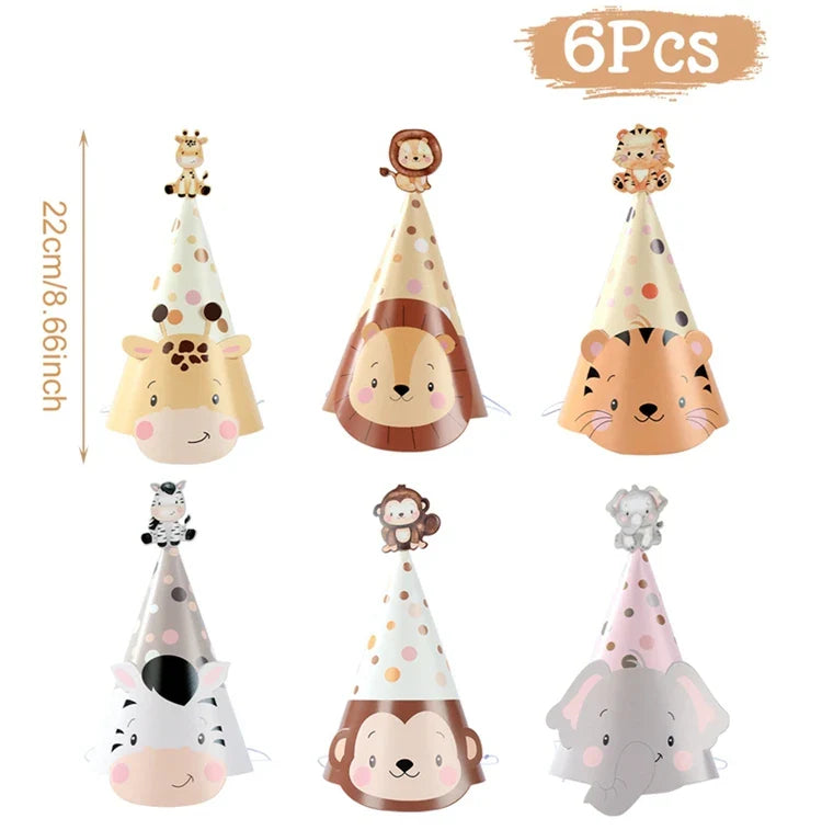 Chapeaux en papier Animaux de la Jungle - Joyeux Anniversaire - Décoration de fête pour enfants Safari, Animaux Sauvages, Un An - Fournitures de décoration de douche de bébé