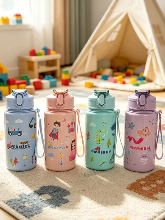 Cartoon Printed Straw Cup | BPA Free 500ml Plastic Water Bottle for Kids