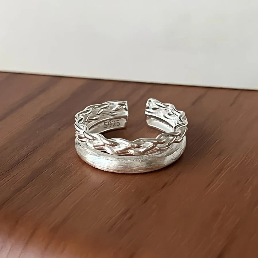 925 Sterling Silver Frosting Geometry Ring | Textured Wide Band for Women