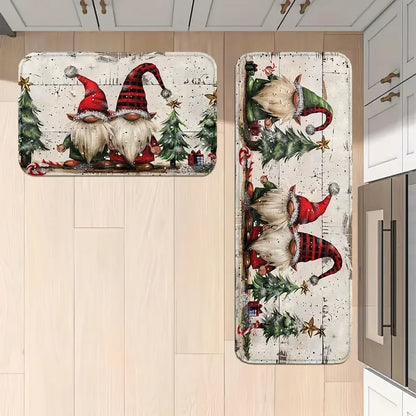 VIKAMA 2-Piece Christmas Rug Set White-Bearded Father Christmas Design Kitchen Mat Entrance Doormat Non-Slip Festive Home Decor