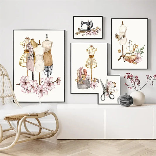 Bohemio, arte de pared, ropa de mujer, máquinas de coser, pósteres de impresión en lienzo HD para decoración de sala de estar o dormitorio.