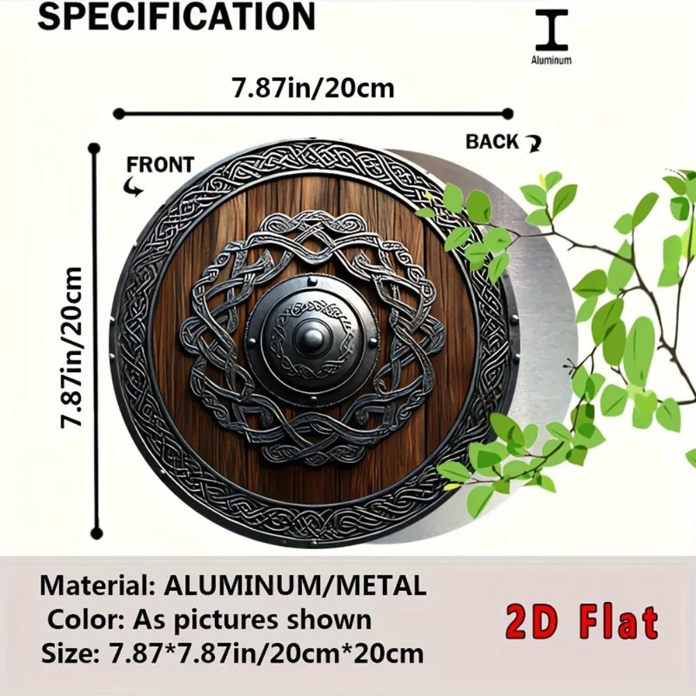 Décoration murale plate 2D en métal, bouclier Viking nordique avec nœuds celtiques, marron foncé, pour maison, bureau, bar, café