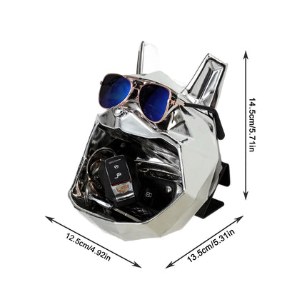 Figurine Tête de Chien Bouledogue Polygonale avec Rangement Galvanoplastie Dorée Argentée Sculpture en Résine Synthétique Solide Figurine Décoration Maison