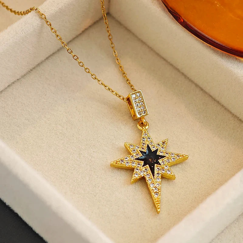 316L Stainless Steel Star Pendant Necklace | Shiny Zircon Jewelry for Women