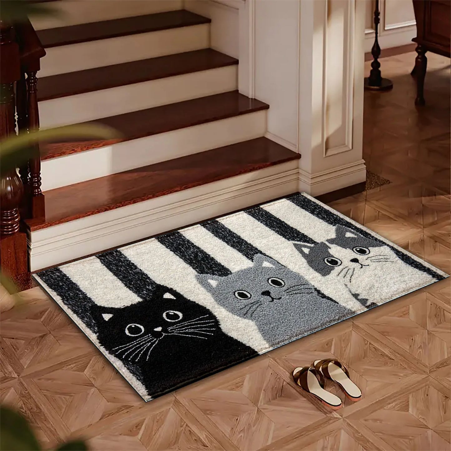 Alfombra Vikama de gato de dibujos animados a rayas, felpudo suave, alfombrilla impermeable para el suelo, alfombra de dormitorio, alfombra de sala de estar, alfombra exterior, decoración del hogar