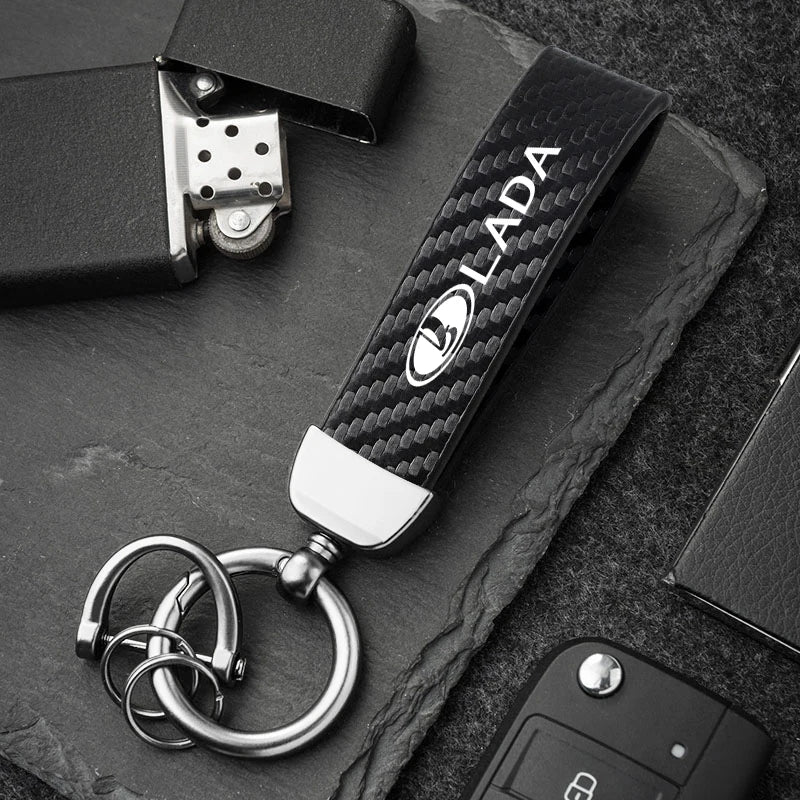 Car Carbon Fiber Style Keychain | Lada Accessory with Microfiber Leather