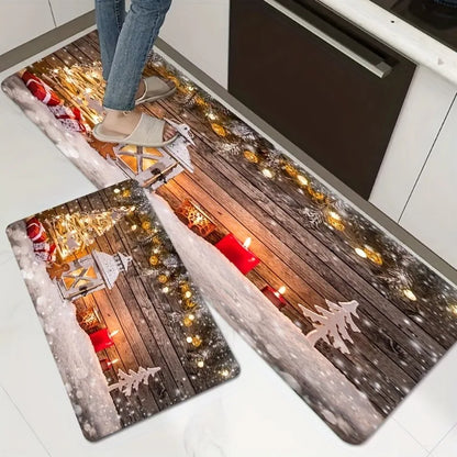 VIKAMA Christmas Snow Scene Carpet 2pcs Kitchen Rug Doormat Welcome Mat Outdoor Carpet Rug For Bedroom Living Room Carpet Home D