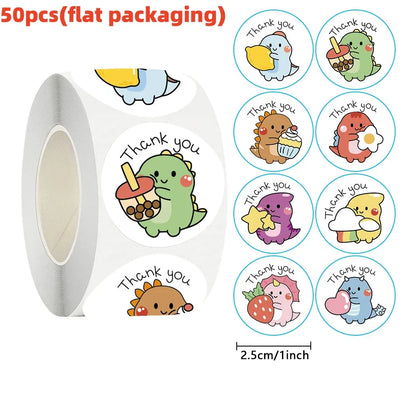50/100/500pcs Cartoon Dinosaur Thank You Stickers | 1 Inch Round Labels for Packaging, Gifts, and Baking
