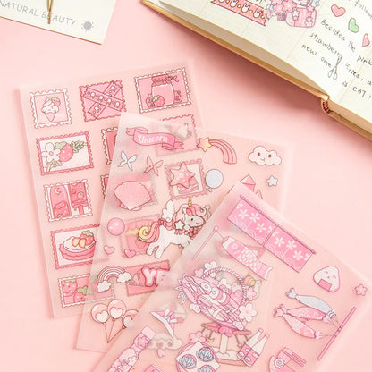 Cute Pink PET Sticker Pack for Scrapbooking and Journaling | 4 Sheets Kawaii Decorative Stickers