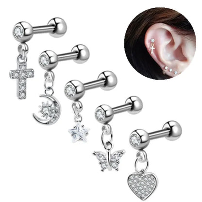 Moon Star Tragus Earring | Cz Cartilage Stud for Helix Daith Rook Piercing
