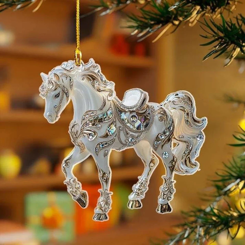 Pendentif de rétroviseur de voiture cheval acrylique 2D, ornement de sapin de Noël, décoration de fête de Nouvel An à suspendre