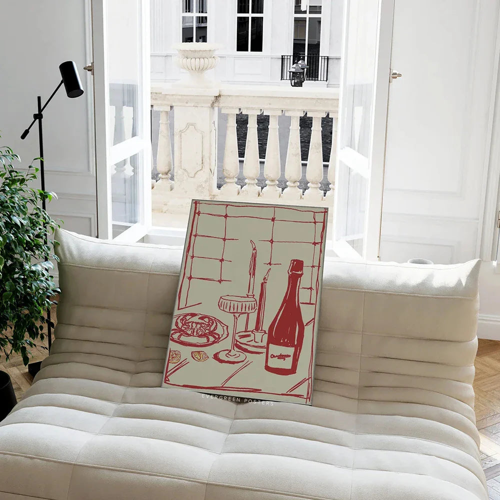 Décoration murale moderne avec un crabe et du vin, dessinée à la main en rouge, pour cuisine rose, salon, chambre à coucher