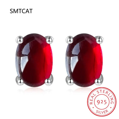 Oval Cut Red Garnet 925 Sterling Silver Stud Earrings | Women's Fashion Gemstone Jewelry