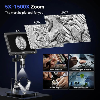HDMI Digital Microscope 1500X 10.1 Inch IPS LCD Coin Soldering Camera