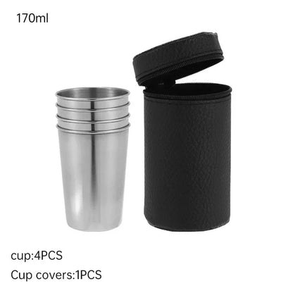 2025 Lot de 4 tasses de voyage d'extérieur en acier inoxydable, mini verres à whisky/vin avec étui, vaisselle portable 30ml/70ml/170ml