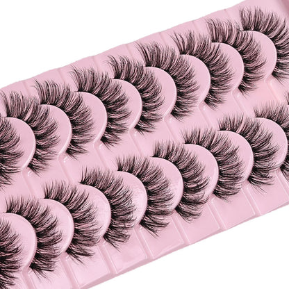 10 Pairs Natural Fluffy False Eyelashes Wispy Lashes | 3D Volume Strip Lashes D Curl Fake Eyelashes with Clear Band