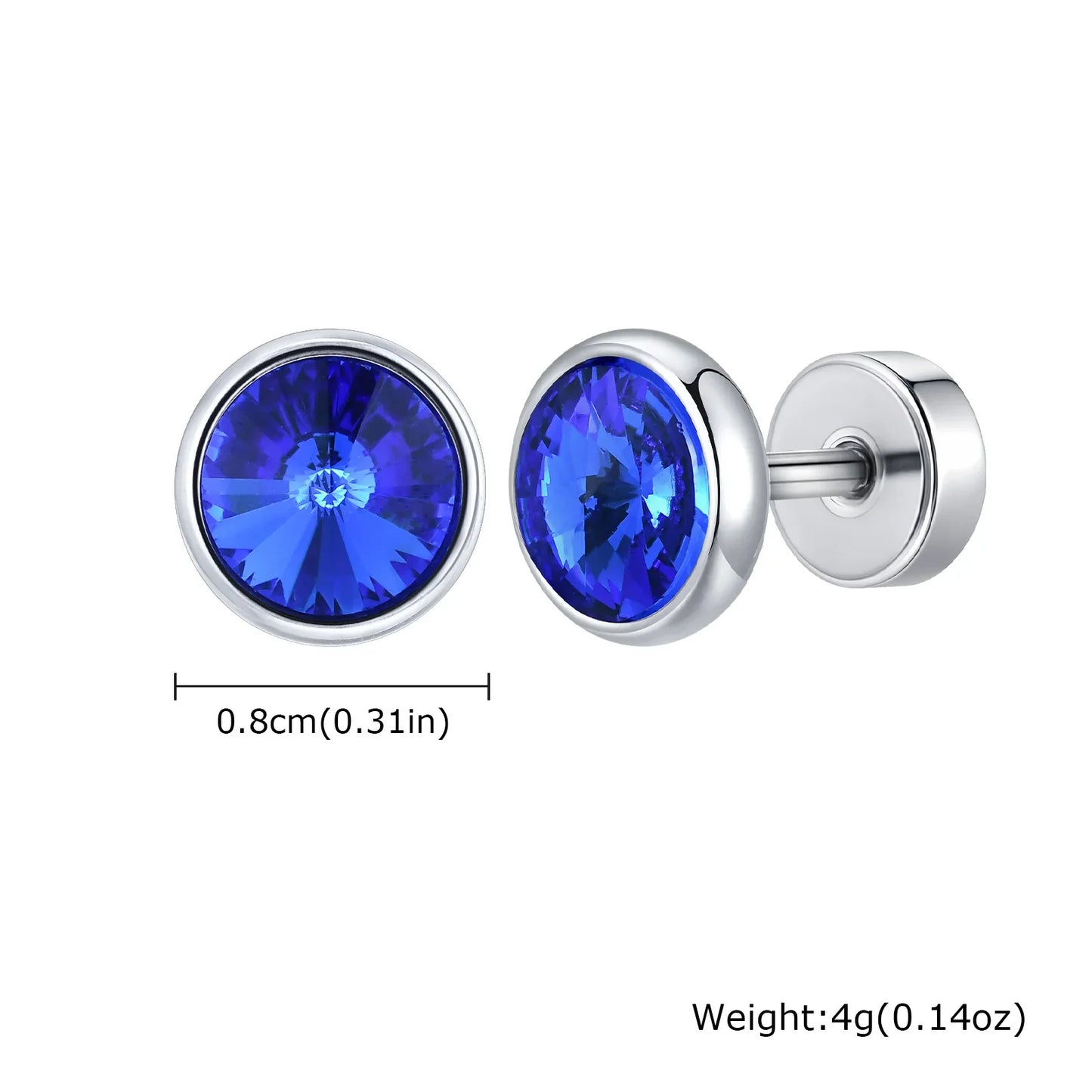 8mm Stainless Steel Screw Back Earrings for Men | Faceted Zircon Studs